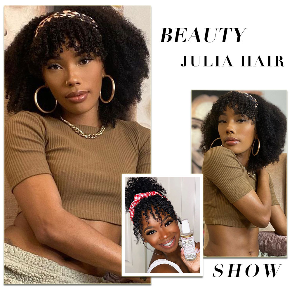 Julia Hair Curly Wave Short Bob Wigs With Bangs Natural Black Wig With Headband Attached For Women