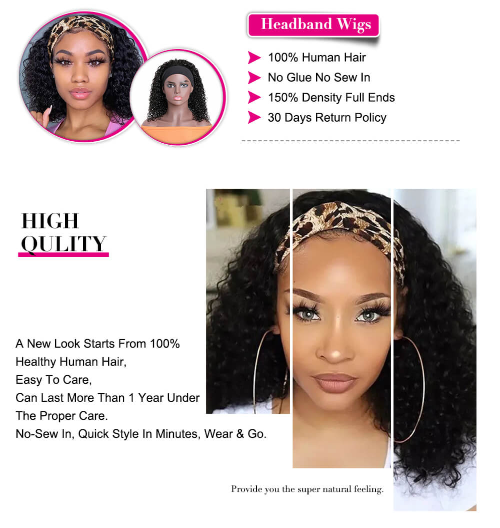 Julia Hair Curly Wave Short Bob Headband Wigs 100% Human Hair Natural Black Headband Wigs For Sale