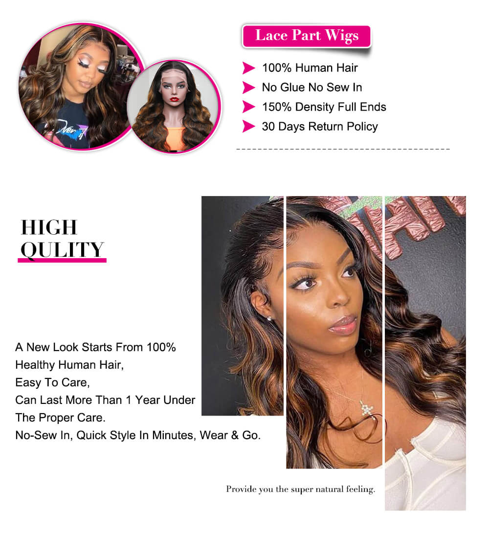 Balayage Highlight 18 Inch Body Wave Brown 13X5 Lace Part Human Hair Wig With Baby Hair