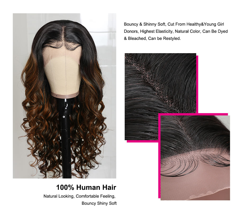 Balayage Highlight 18 Inch Body Wave Brown 13X5 Lace Part Human Hair Wig With Baby Hair