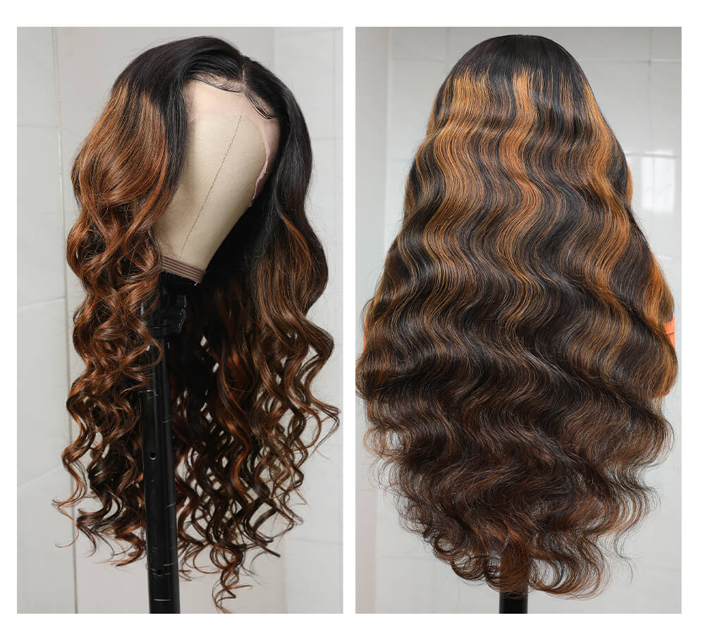Balayage Highlight 18 Inch Body Wave Brown 13X5 Lace Part Human Hair Wig With Baby Hair