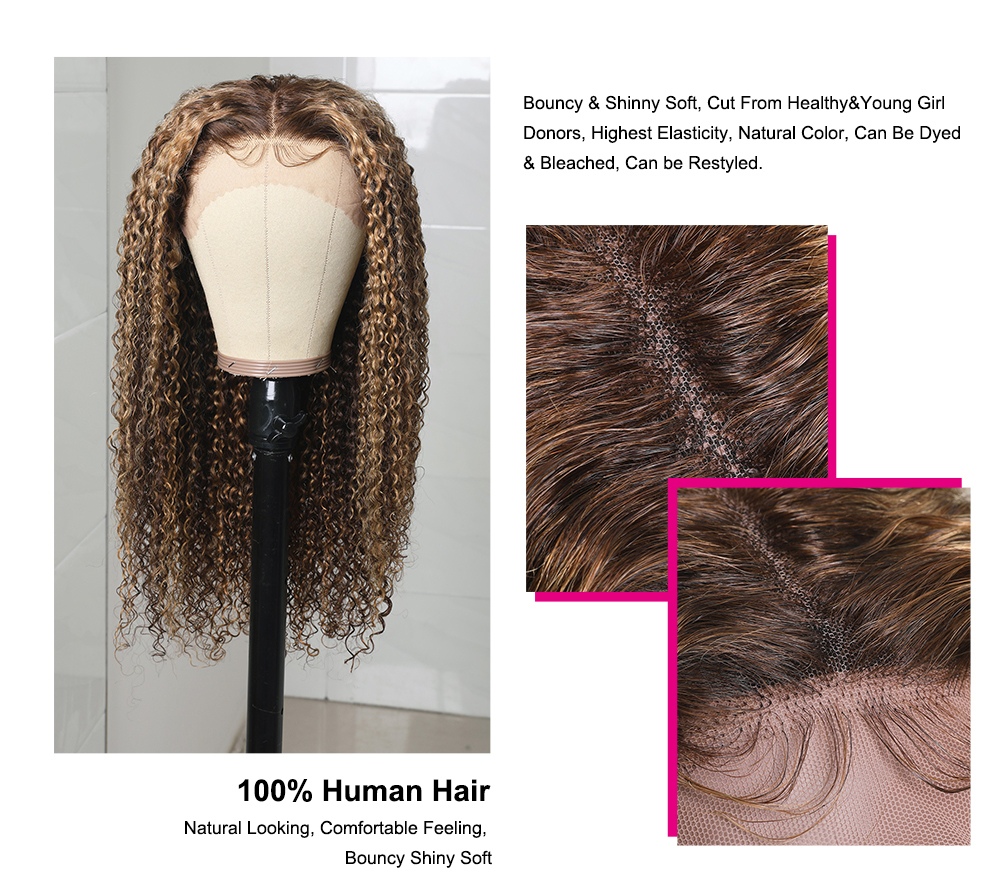 Julia Hair Honey Blonde Highlight 13x5 T Part Wig Ombre Colored Wigs Pre Plucked Lace Curly Wigs 150% Density
