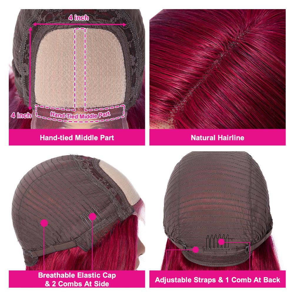 Julia Hair 22 Inches= Burgundy Wigs Pre Plucked Transparent Middle 4*0.75 Lace Part Straight Wig 180% Density Flash Sale