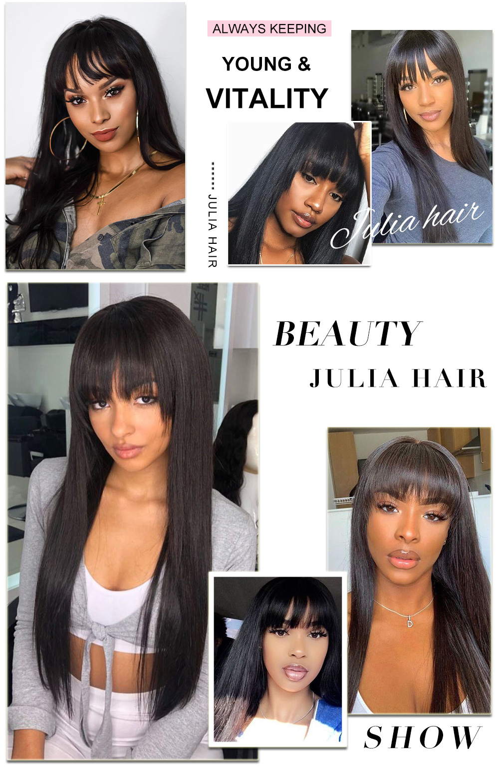 Julia Hair Curtain Bangs Long Straight Hair Transparent Lace Front Wig Soft Human Hair Wigs With Bangs Flash Sale