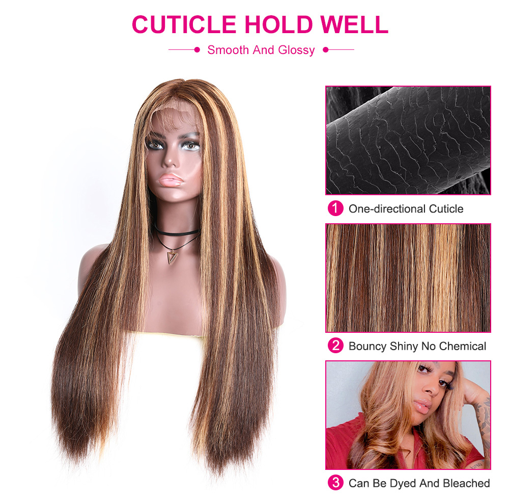 Julia Highlight Wig Ombre Color Straight Wave 13x4 Lace Wigs Invisible Pre Plucked Lace Front Highlight Wigs 150% Density