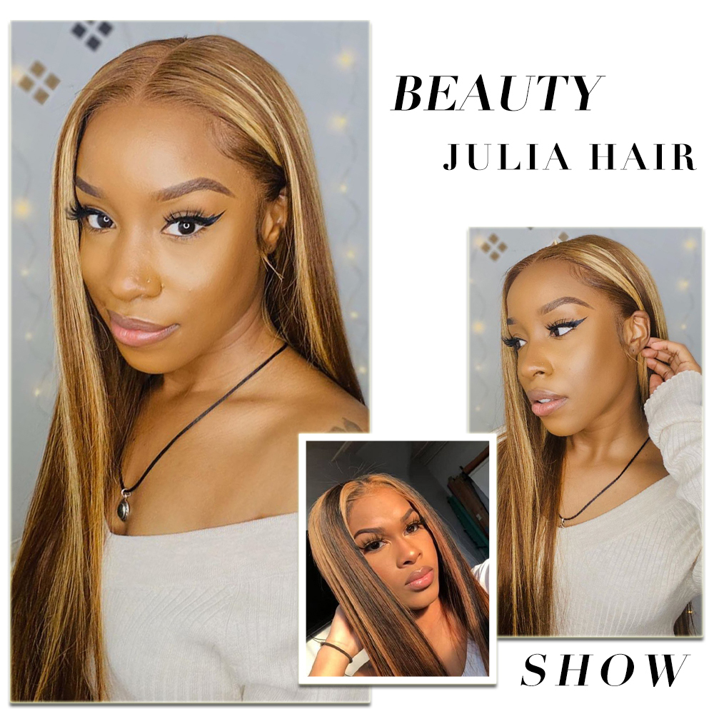 Julia Highlight Wig Ombre Color Straight Wave 13x4 Lace Wigs Invisible Pre Plucked Lace Front Highlight Wigs 150% Density