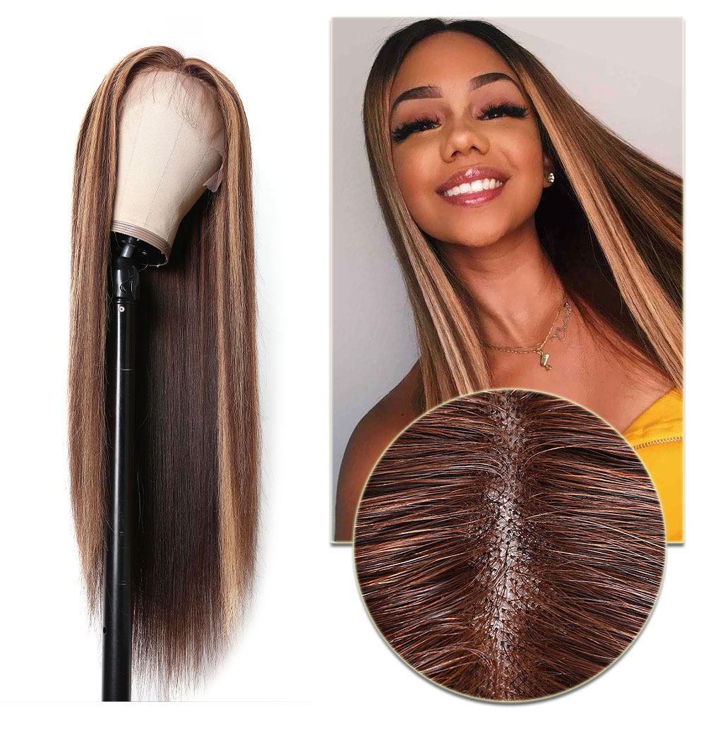 Julia Highlight Wig Ombre Color Straight Wave 13x4 Lace Wigs Invisible Pre Plucked Lace Front Highlight Wigs 150% Density