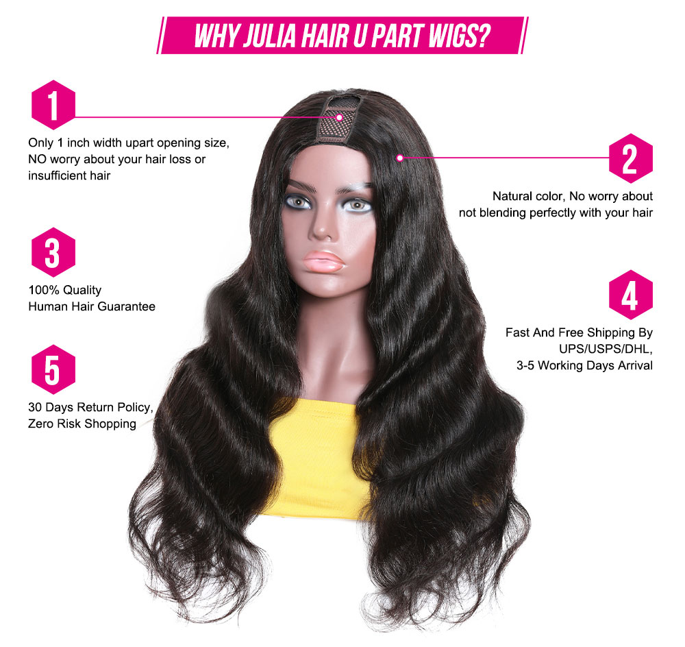Julia U Part Wigs Natural Human Hair 150% Density Brazilian Body Wave Glueless Wigs For Women