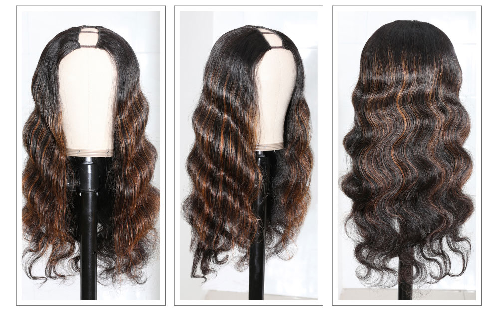 U Part Body Wave Wigs Middle Part Highlight Brown Color Brazilian Human Hair Wigs For Women Julia Tuesday Flash Sale