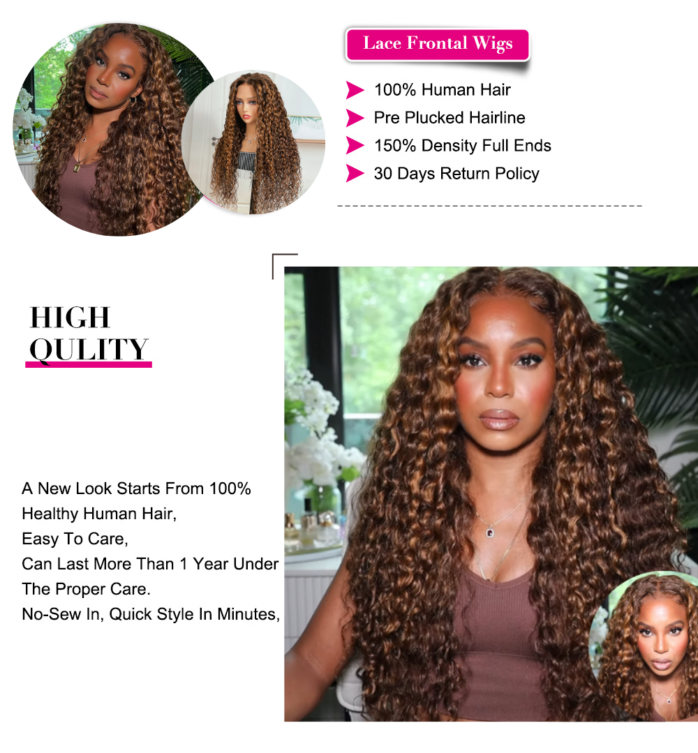 Julia Hair Rich Brown Highlight Water Wave Lace Front Wigs 150% Density Full And Bouncy High Quality Bench Wave Human Hair Wig