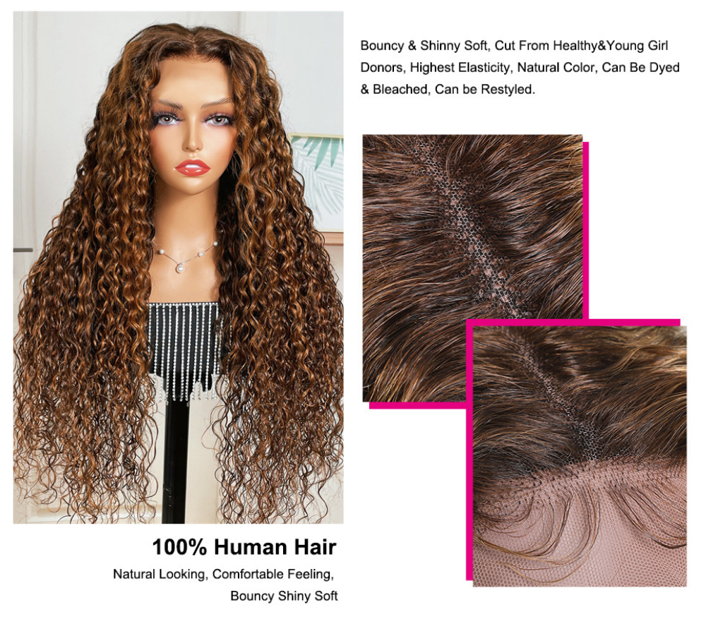 Julia Hair Rich Brown Highlight Water Wave Lace Front Wigs 150% Density Full And Bouncy High Quality Bench Wave Human Hair Wig